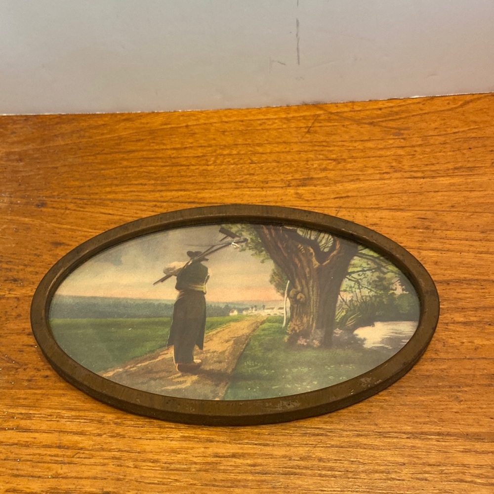 Antique oval metal frame pastel serene countryside scene with farmer figure